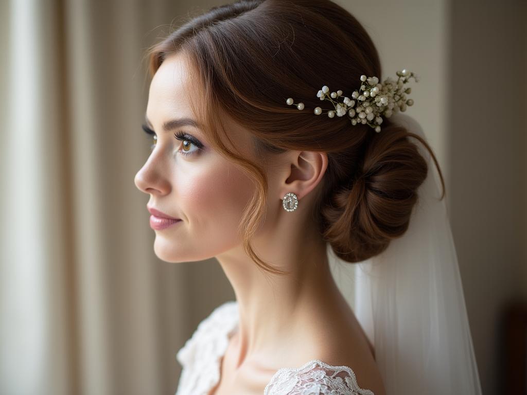 Coiffure de mariée élégante avec chignon sophistiqué